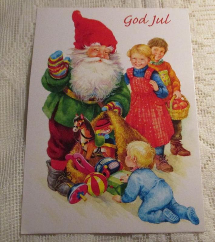 Oskrivet God Jul & Gott Nytt År kort med tomtens julklappsutdelning