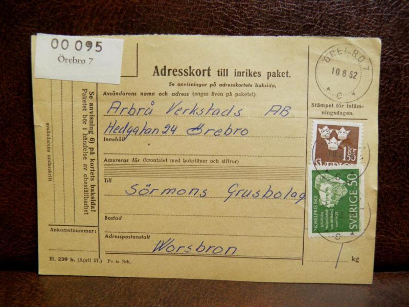 Frimärken på adresskort - stämplat 1962 - Örebro 7 - Norsbron