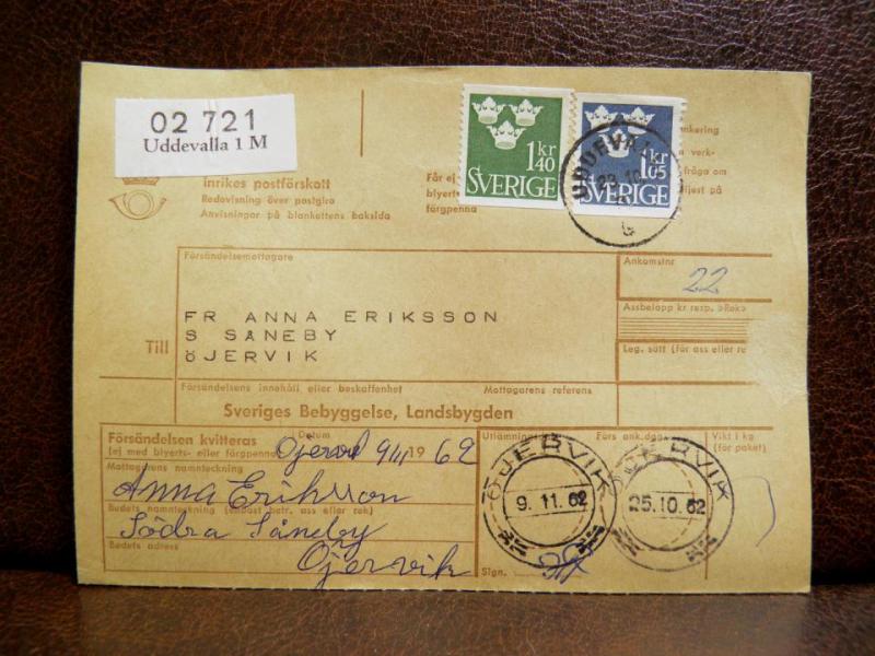 Frimärken på adresskort - stämplat 1962 - Uddevalla 1 M - Öjervik