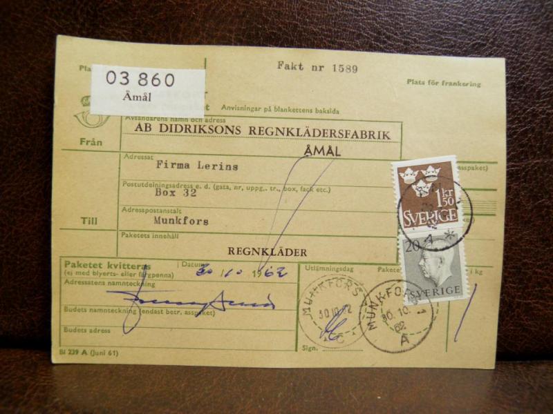 Frimärken på adresskort - stämplat 1962 - Åmål - Munkfors 