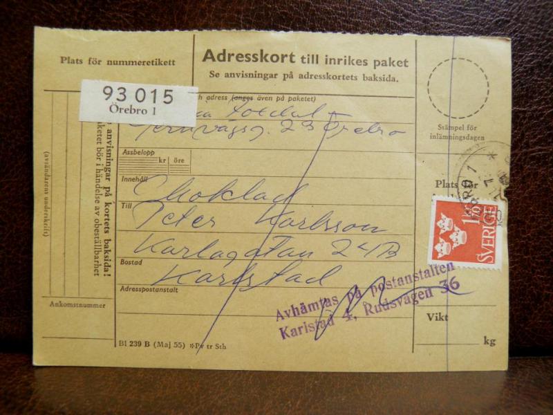 Frimärken på adresskort - stämplat 1961 - Örebro 1 - Karlstad