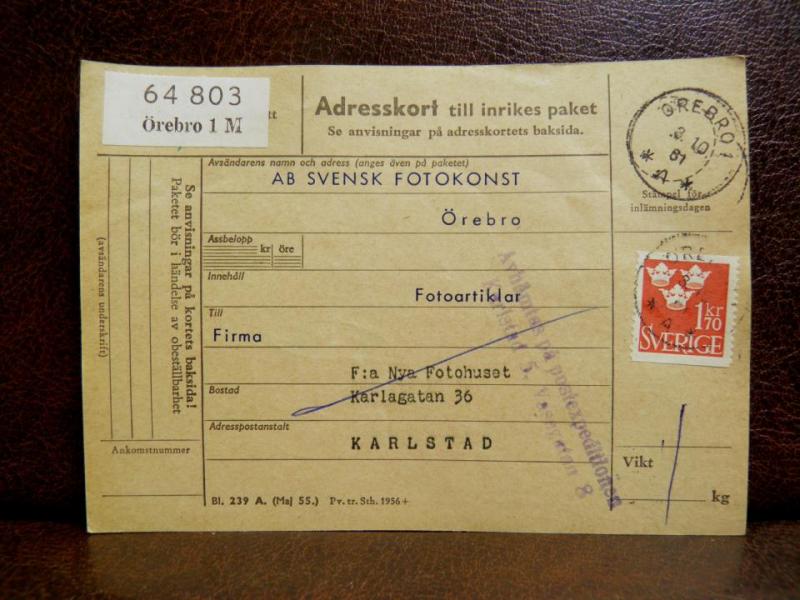 Frimärken på adresskort - stämplat 1961 - Örebro 1 M - Karlstad