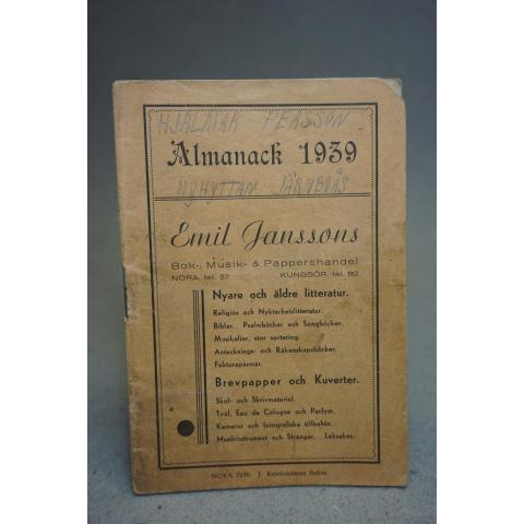 Almanacka 1939 Emil Janssons Bok Musik och Pappershandel i Nora