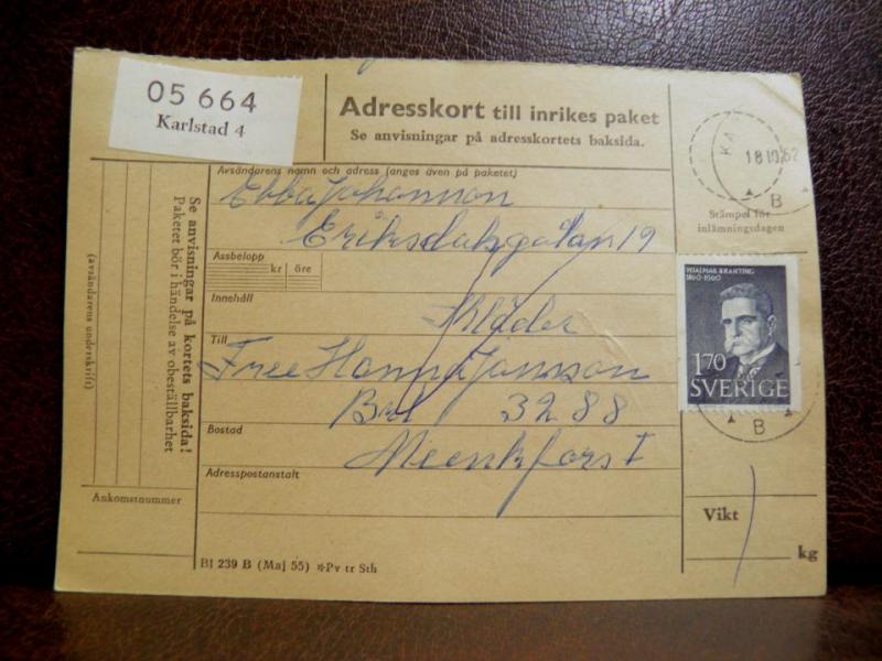 Frimärken  på adresskort - stämplat 1962 Karlstad 4 - Munkfors 1