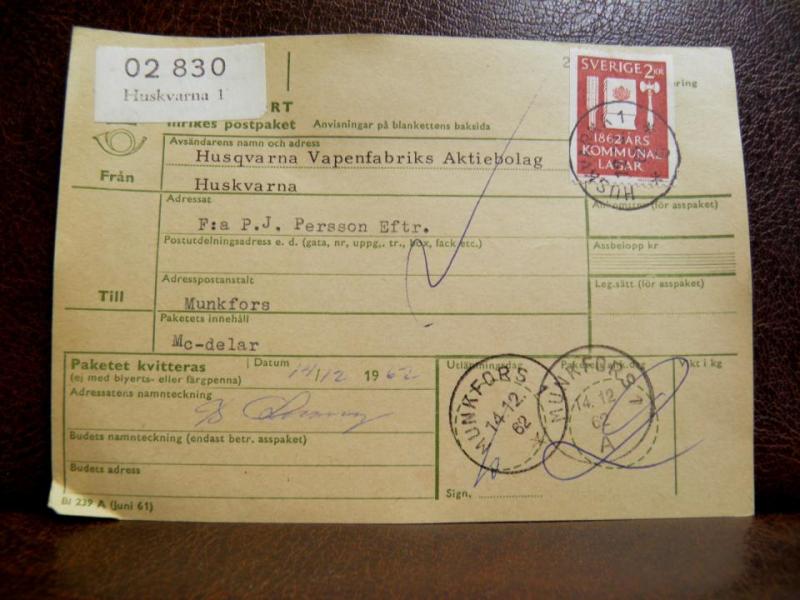 Frimärken  på adresskort - stämplat 1962 Huskvarna 1 - Munkfors 