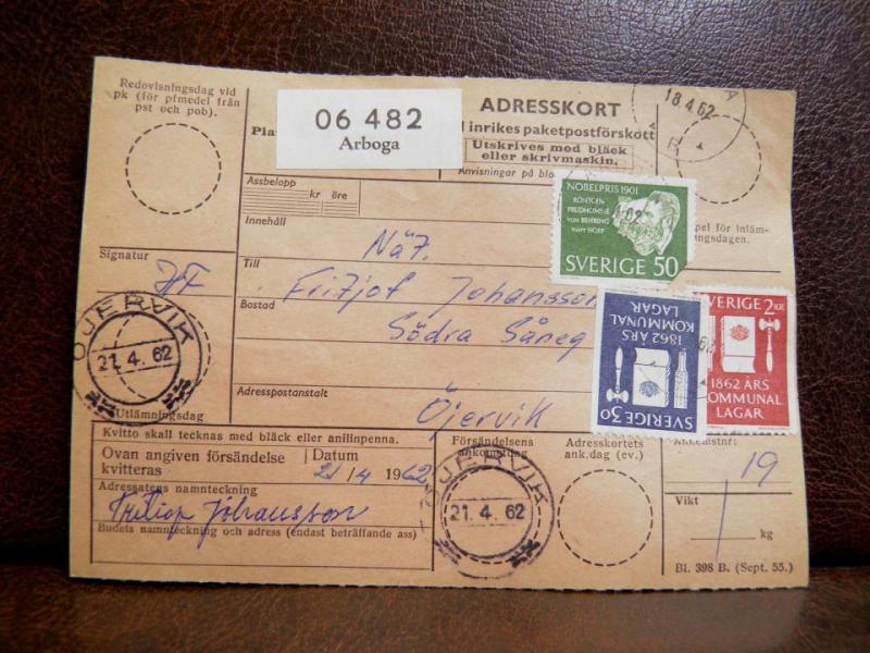 Frimärken på adresskort - stämplat 1962 - Arboga - Öjervik