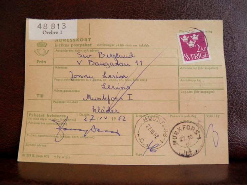 Frimärken på adresskort - stämplat 1962 - Örebro 1 - Munkfors 1