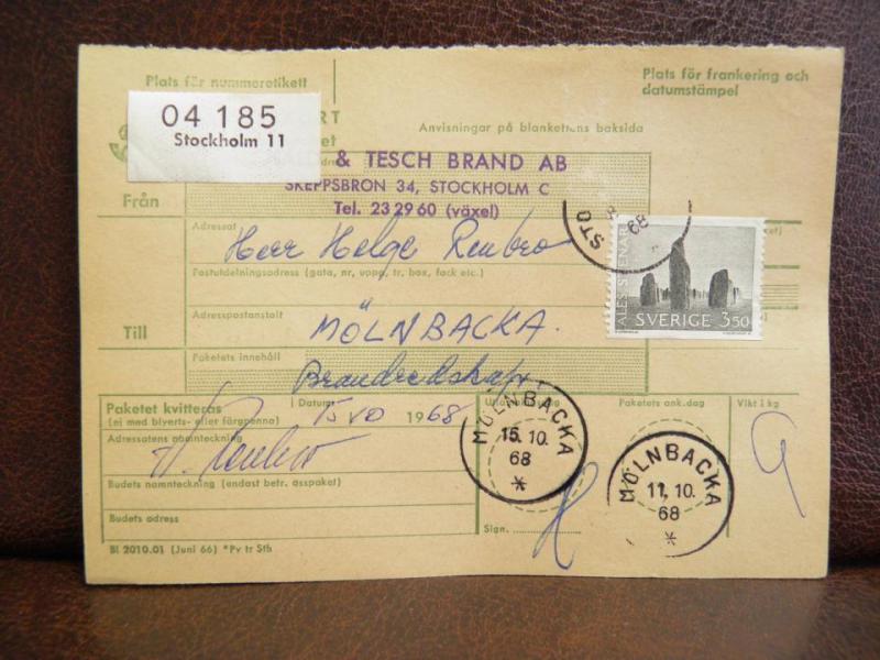 Frimärken  på adresskort - stämplat 1968 - Stockholm 11 - Mölnbacka