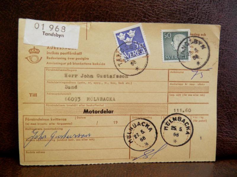 Frimärke  på adresskort - stämplat 1968 - Tandsbyn - Mölnbacka