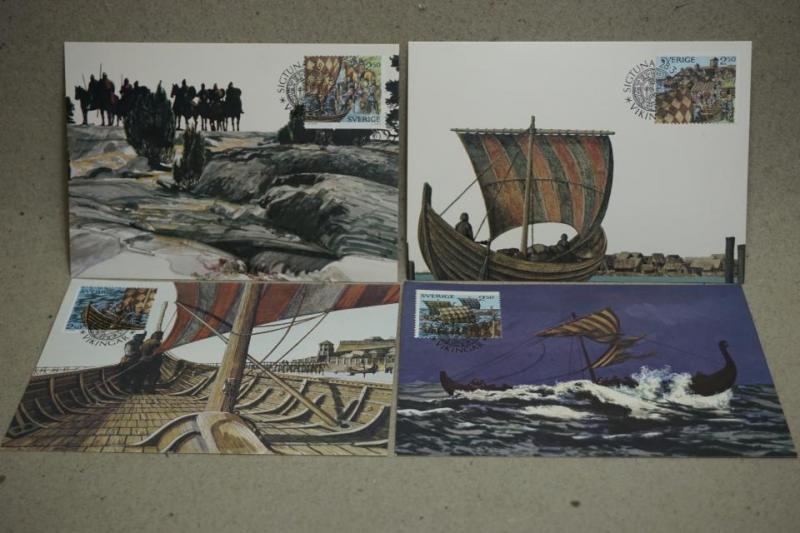 4 st vykort Vikingar - stämplade frimärken 28.3. 1990