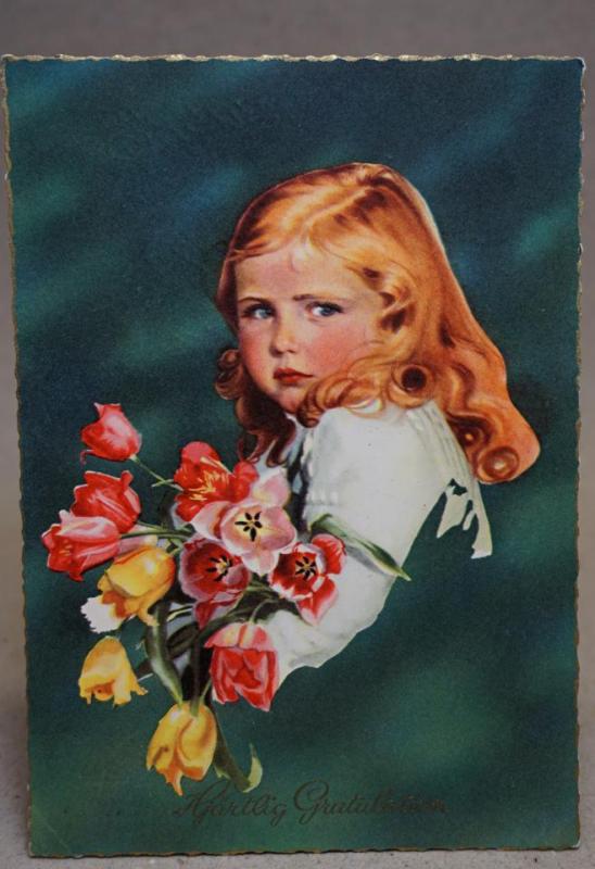 Vykort Gammalt 1961 - Barn med blommor