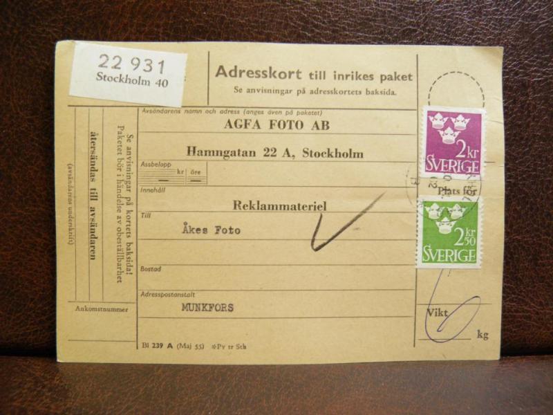 Frimärken på adresskort - stämplat 1962 - Stockholm 40 - Munkfors