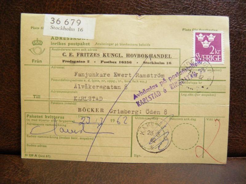Frimärken på adresskort - stämplat 1962 - Stockholm 16 - Karlstad