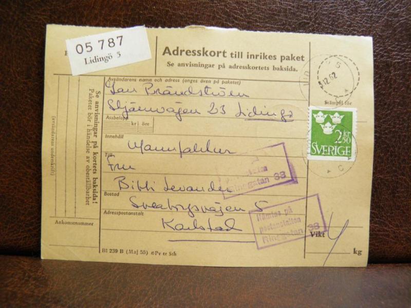 Frimärken på adresskort - stämplat 1962 - Lidingö 5 - Karlstad