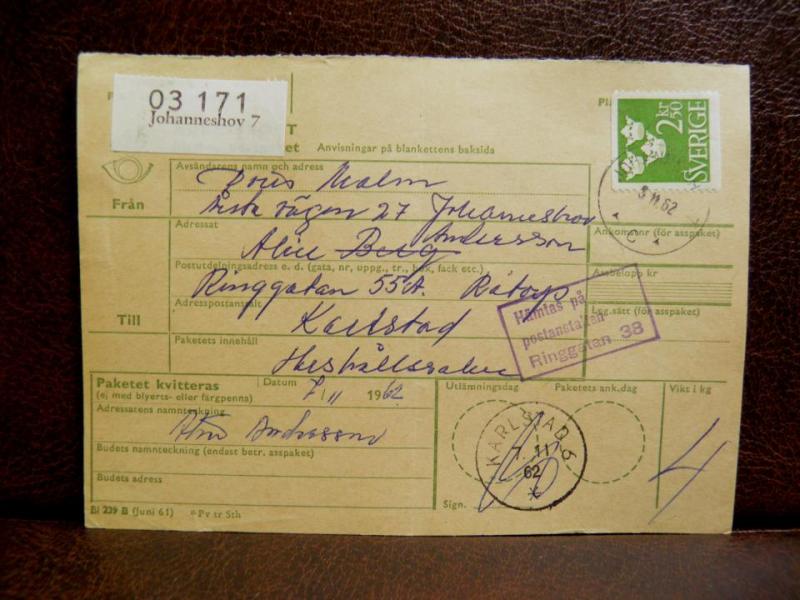 Frimärken på adresskort - stämplat 1962 - Johanneshov 7 - Karlstad