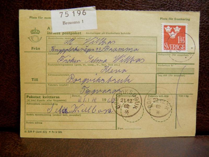 Frimärken på adresskort - stämplat 1962 - Bromma 1 - Borgviksbruk