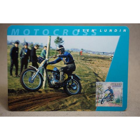 Sten Lundin på motorcykel  - Vykort med fin stämpel på frimärket 