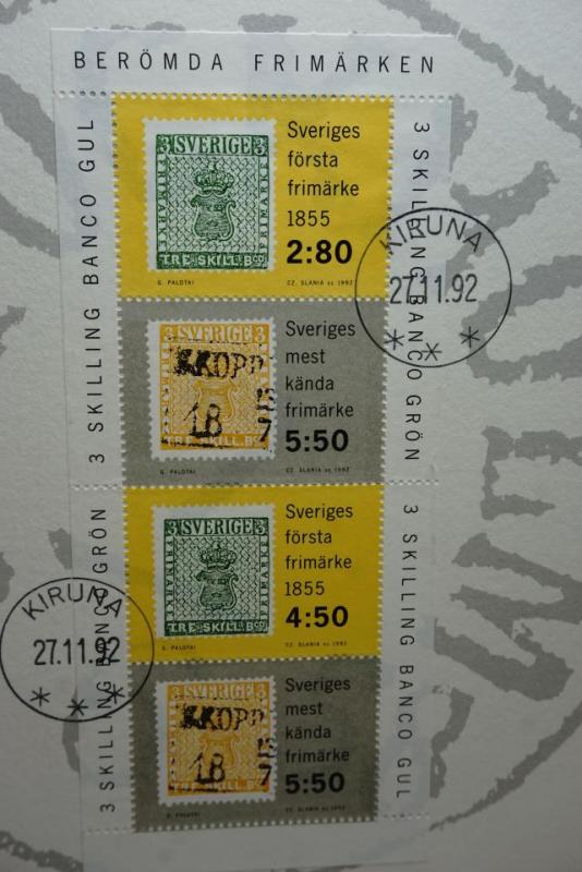 Sveriges första frimärken med fin stämpel Kiruna 27.11.92  - Julåva till abonnenterna 1992