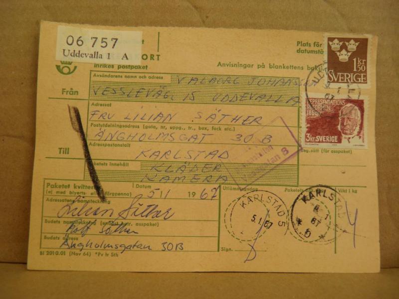 Frimärken på adresskort - stämplat 1967 - Uddevalla 1 A - Karlstad