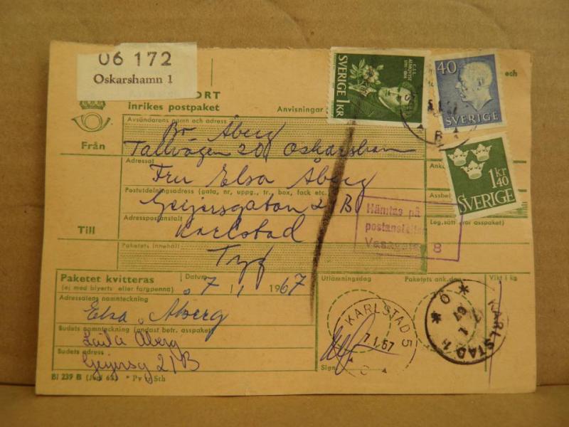 Frimärken på adresskort - stämplat 1967 - Oskarshamn 1 - Karlstad