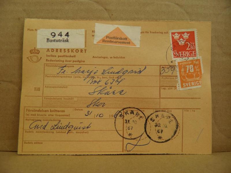 Frimärken på adresskort - stämplat 1967 - Bastuträsk - Skåre
