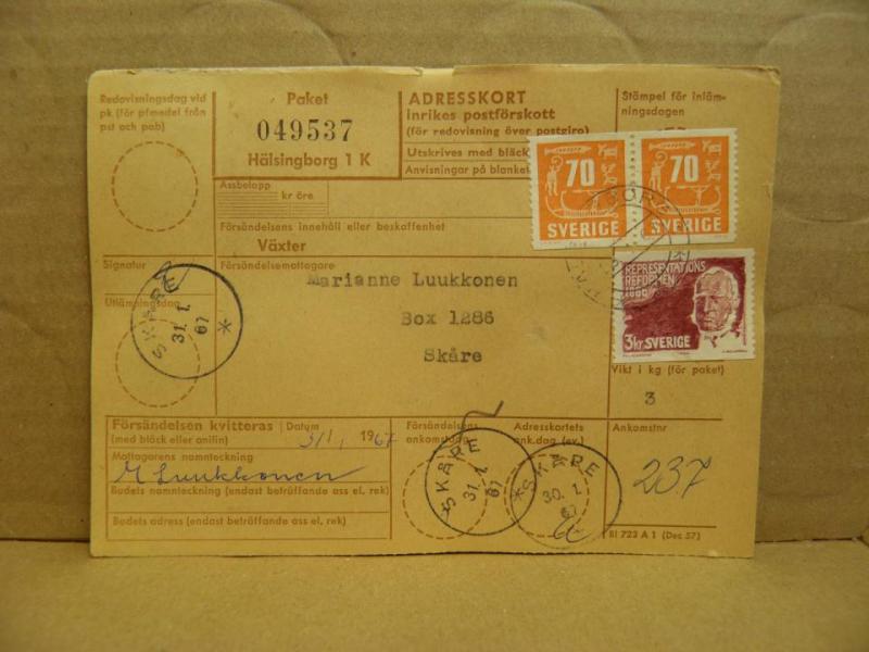 Frimärken på adresskort - stämplat 1967 - Hälsingborg 1 K - Skåre