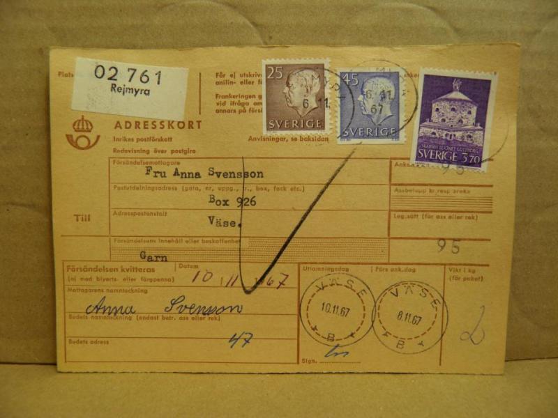 Frimärken på adresskort - stämplat 1967 - Rejmyra - Väse