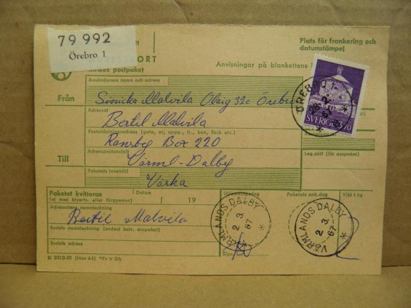 Frimärken på adresskort - stämplat 1967 - Örebro 1 - Värmlands Dalby