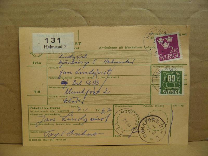 Frimärken på adresskort - stämplat 1967 - Halmstad 7 - Munkfors 2