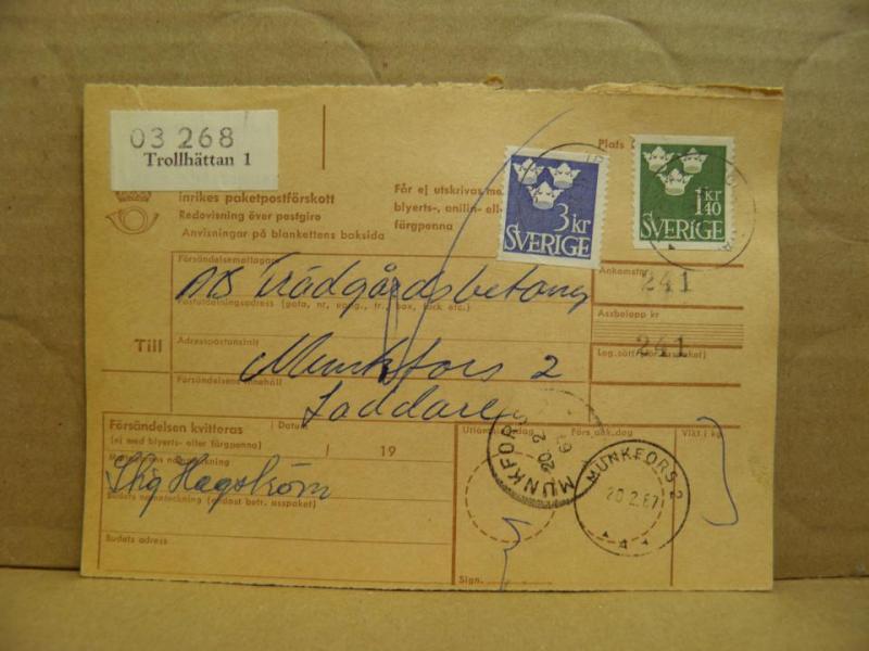 Frimärken på adresskort - stämplat 1967 - Trollhättan 1 - Munkfors 2