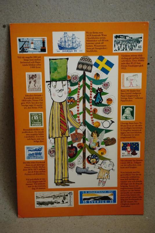 Inger och Lasse Sandberg vykort på lilla Anna och Långa farbrorn det sitter i en ram med tryckta frimärken som de berättar lite om