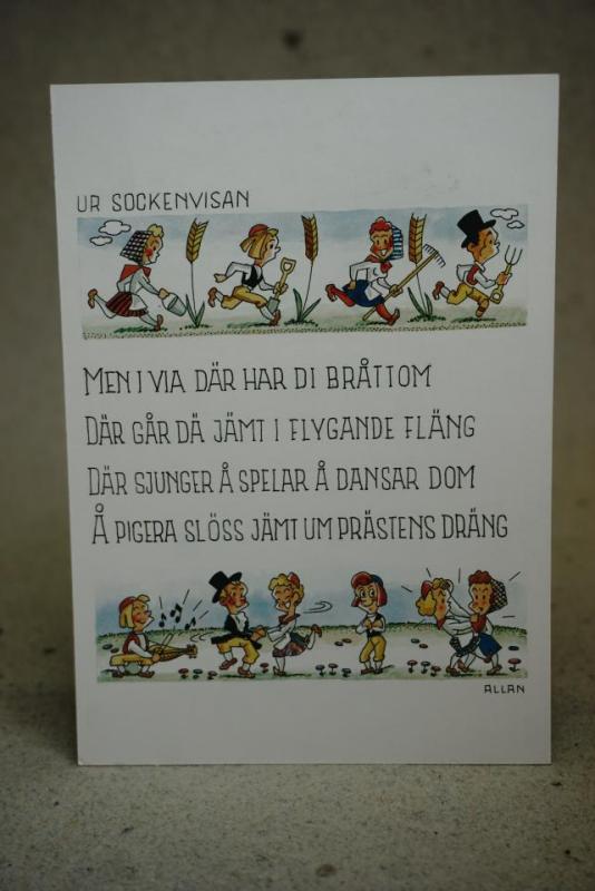 Allan Bogström motiv av sockenvisa vykort med fin stämpel