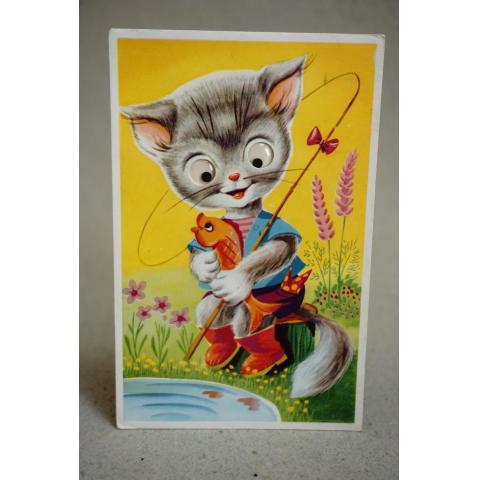 Gammalt vykort med jättesöt katt med rörliga ögon 