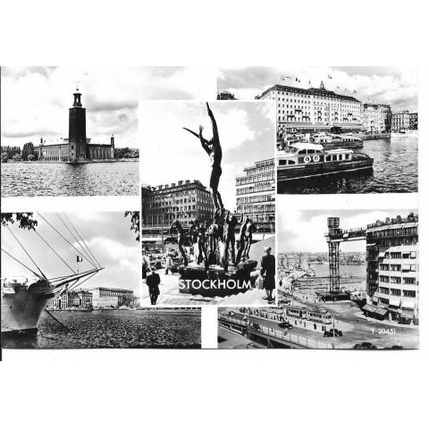 Vykort. Stockholm.  5 bilders Pressbyråkort  T 20451 1950-60 tal. Rak kant.